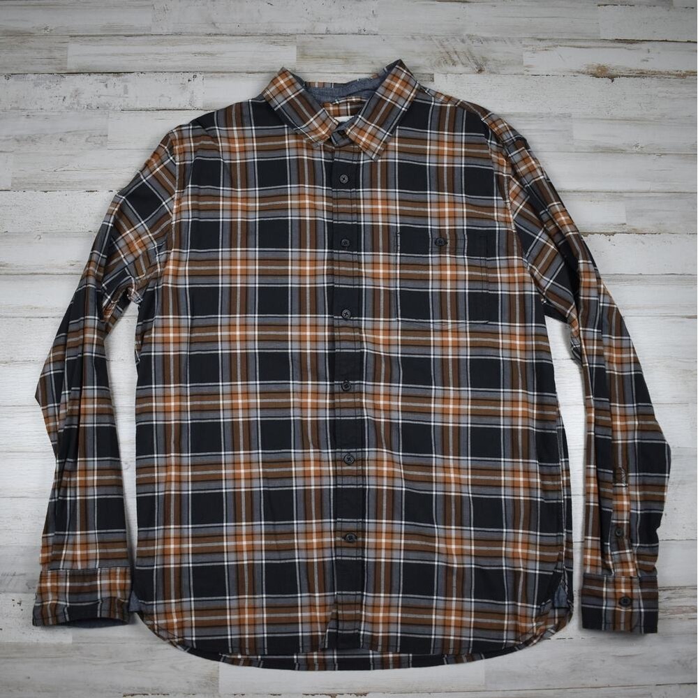 Plaid Button Down Shirt Men's Large Black Gray Orange Skater Grunge Western L